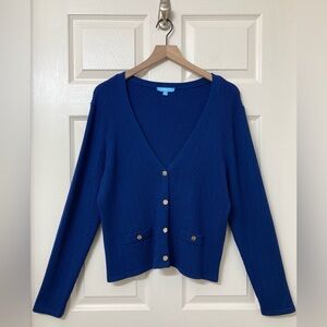 Draper James Cable Stitch Navy Blue Gold Button V Neck Cardigan XXL Preppy Work